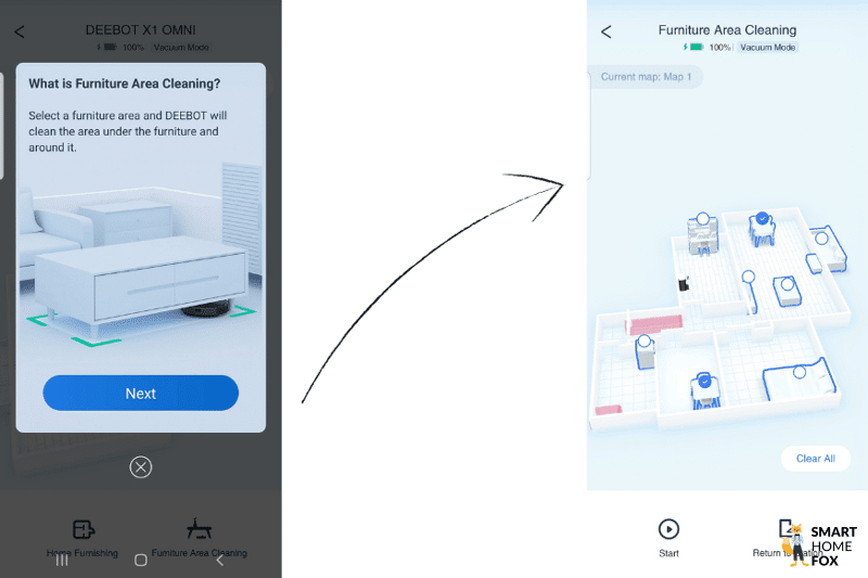 In der 3D-Karte des Ecovacs Deebot X1 OMNI wird eingestellt, dass der Roboter nur unter den Möbeln reinigt